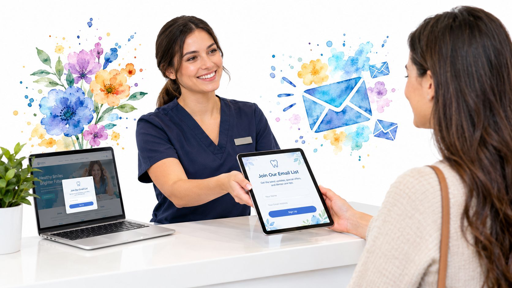 A friendly dental receptionist handing a tablet to a patient to sign up for an email list.