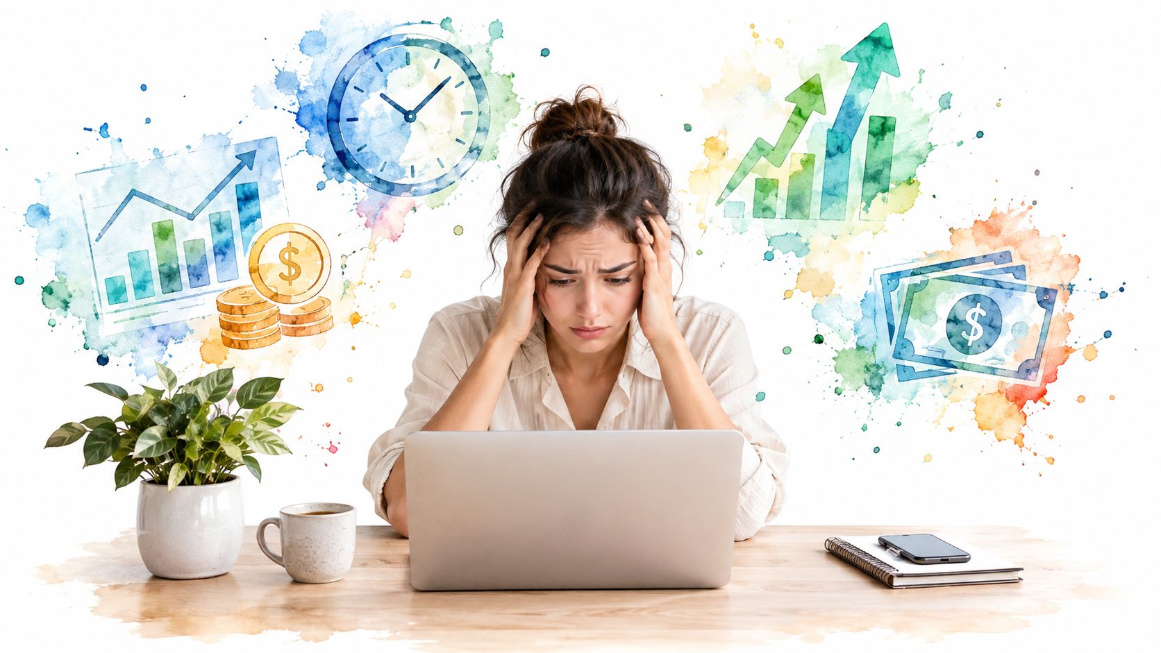 A stressed businesswoman looking at her laptop with financial growth icons and watercolor splashes around her head.