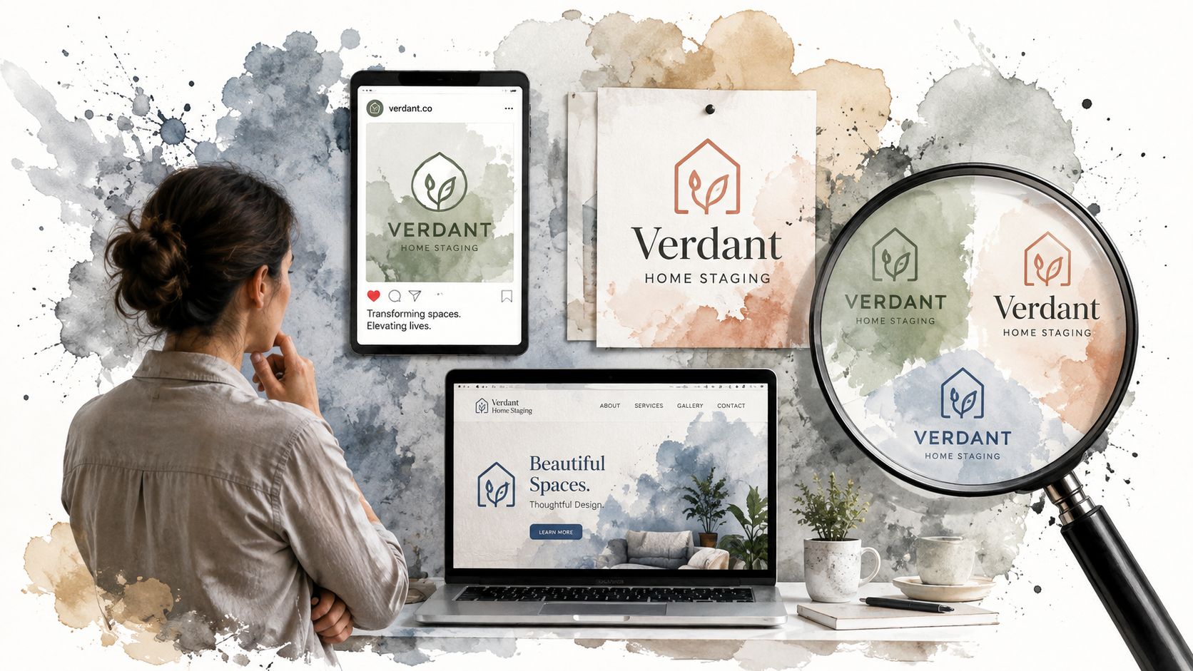 A professional designer observing a digital workspace displaying Verdant Home Staging brand identity assets and website design.