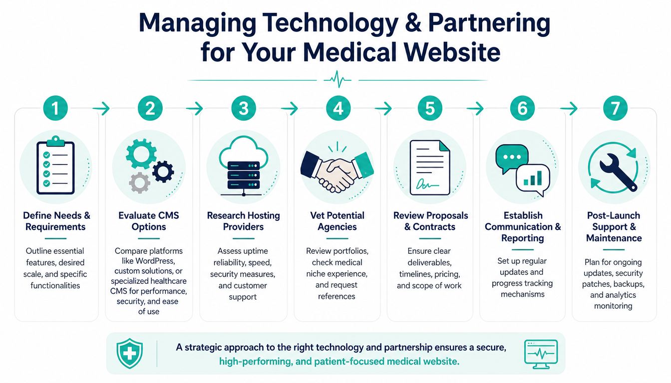 A seven-step process infographic for managing technology and partnerships when building a medical practice website.