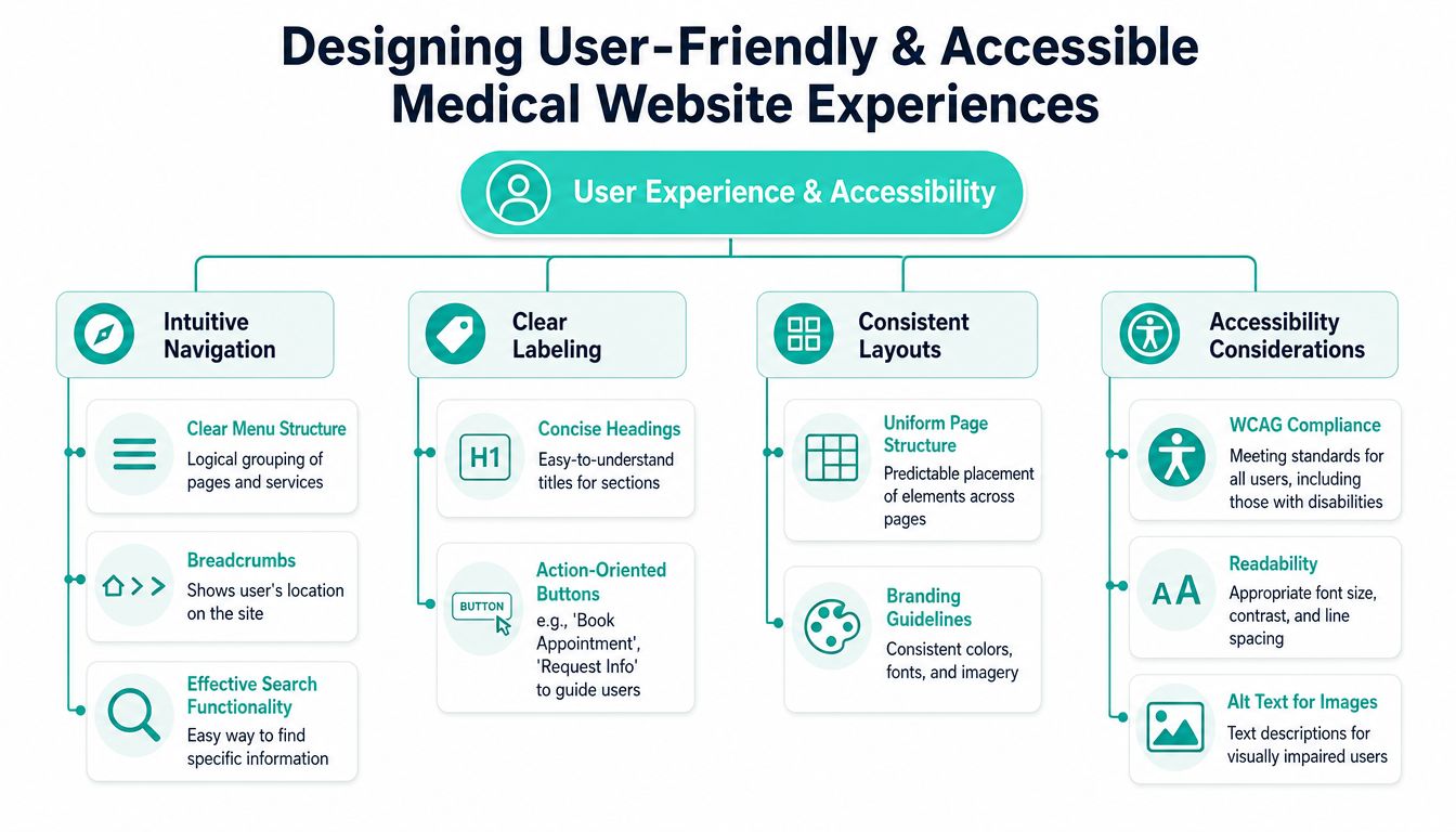 An infographic showing key principles for designing user-friendly and accessible medical practice websites for better user experience.