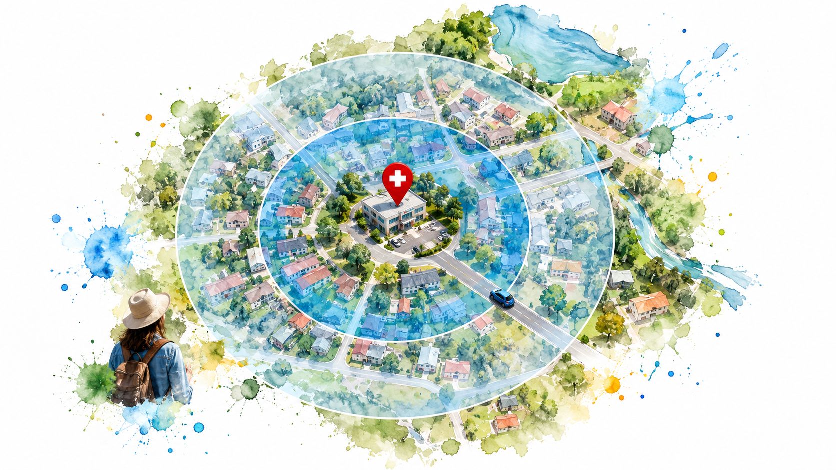 A traveler looking at a digital map overlay of a neighborhood with a medical clinic center.