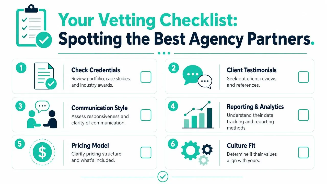 A vetting checklist for selecting the best agency partners, featuring six essential evaluation criteria.