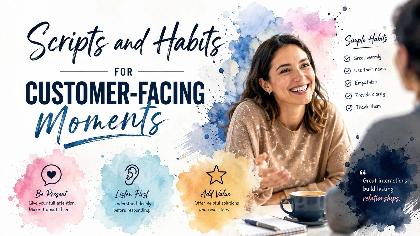 A woman smiling during a meeting, showcasing tips for improving customer service interactions through positive habits.