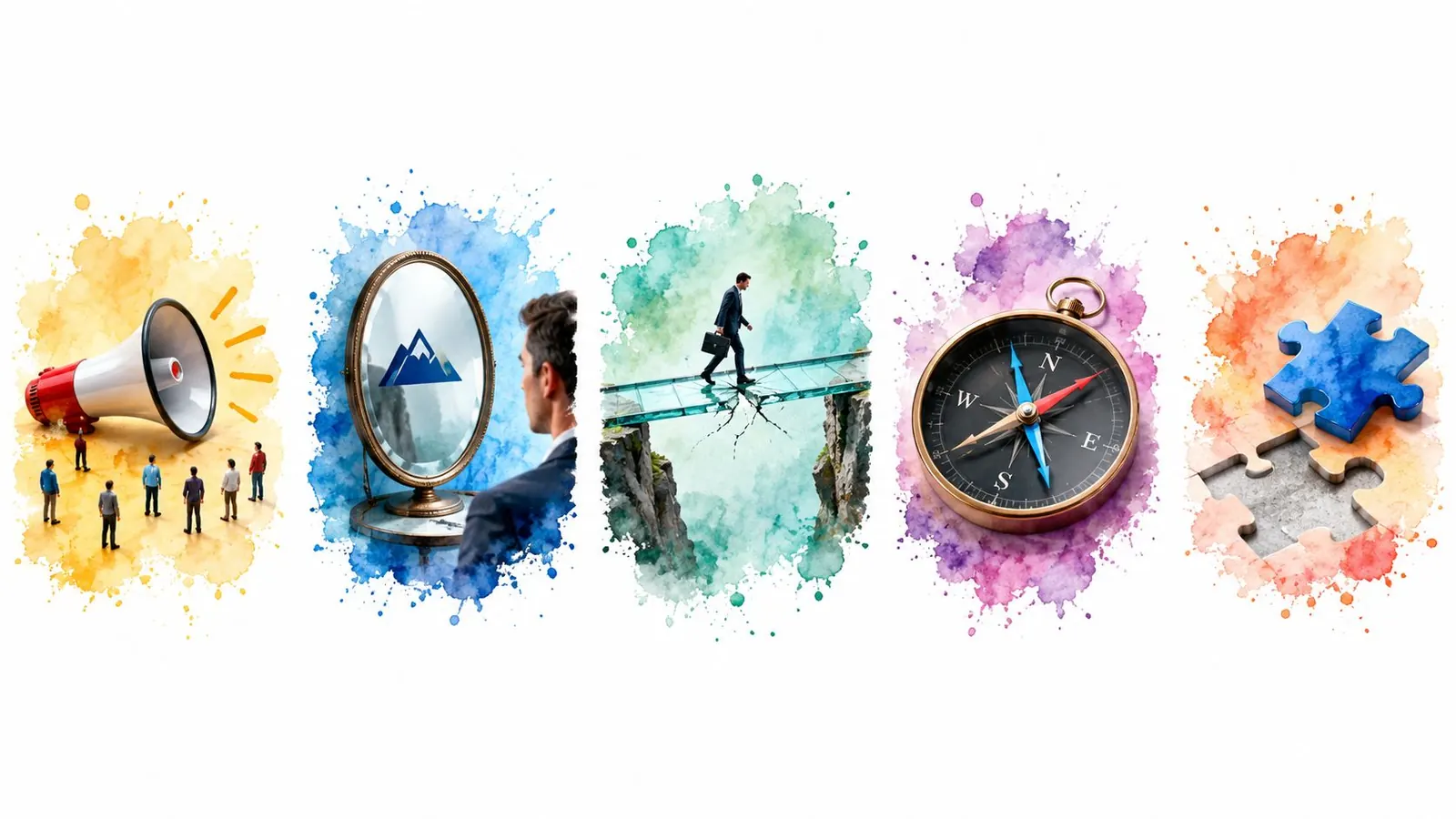 Conceptual image illustrating brand positioning through symbols like a megaphone, mirror, bridge, compass, and puzzle pieces.