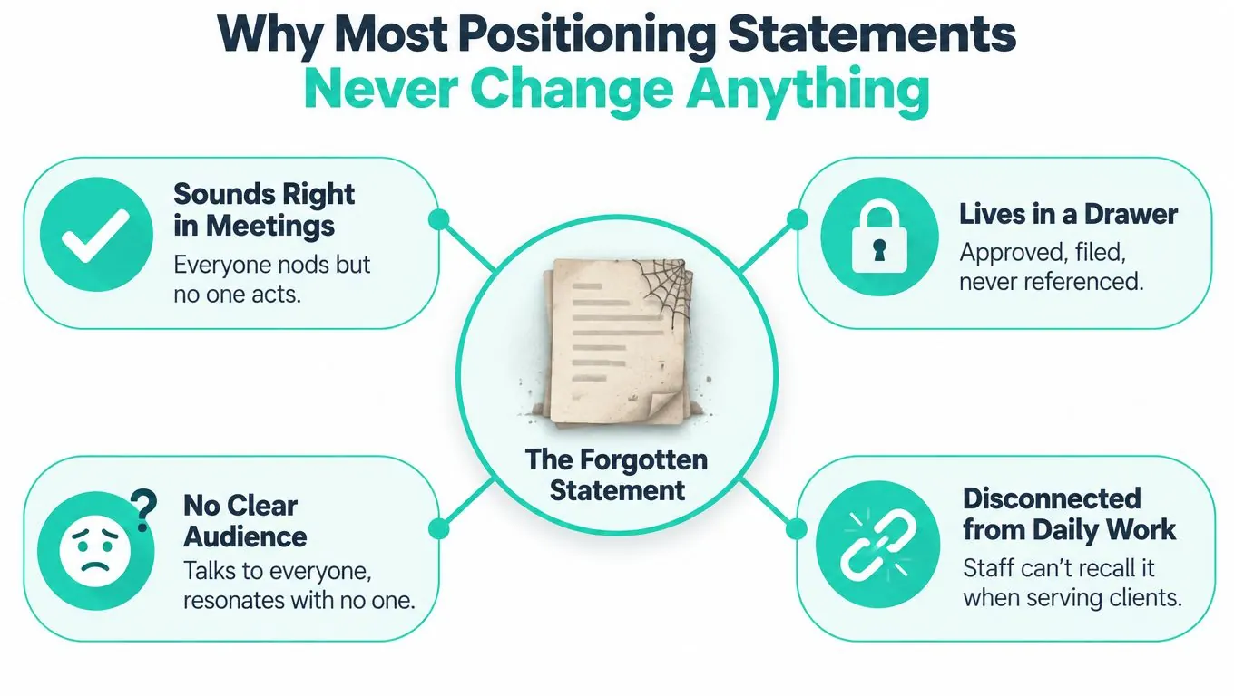 A diagram explaining four common reasons why business positioning statements often fail to create meaningful change.