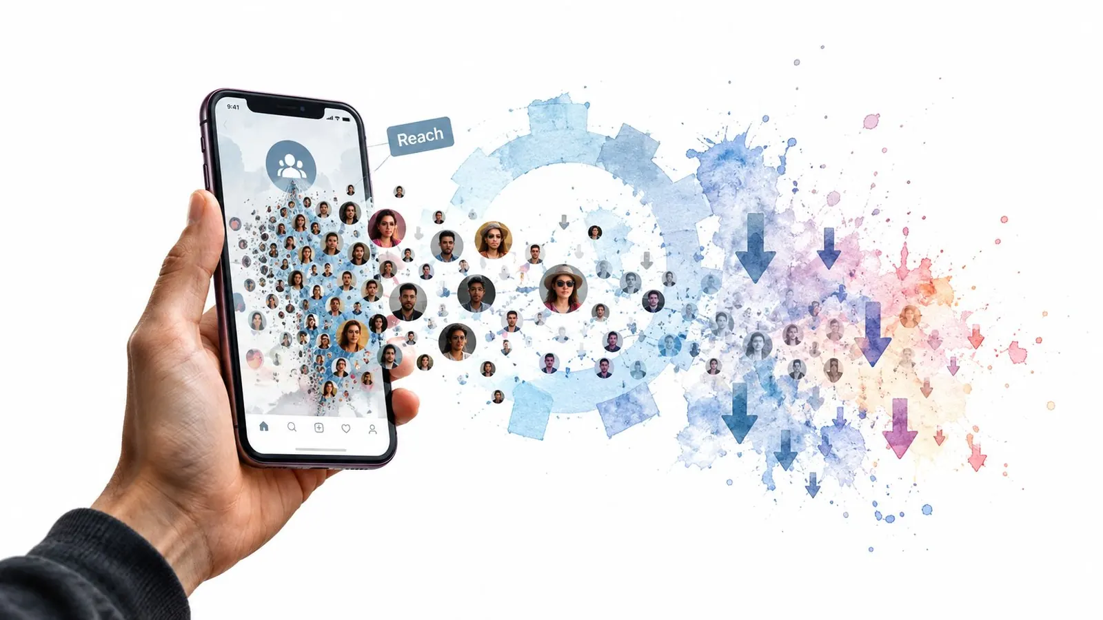 A hand holding a smartphone displaying a social media network connecting people through a digital gear mechanism.
