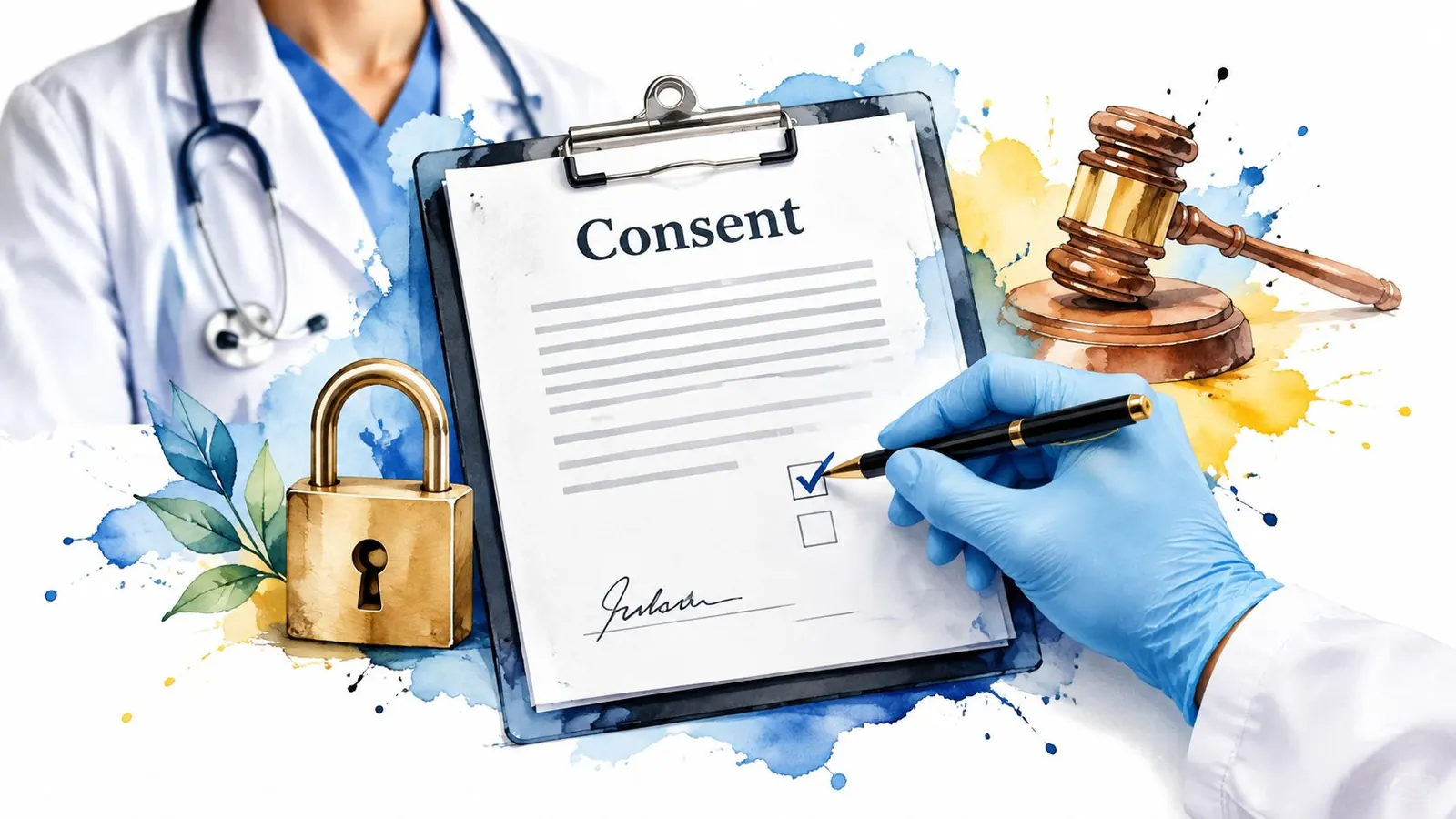 A gloved hand signing a medical consent form next to a gavel and a golden padlock.