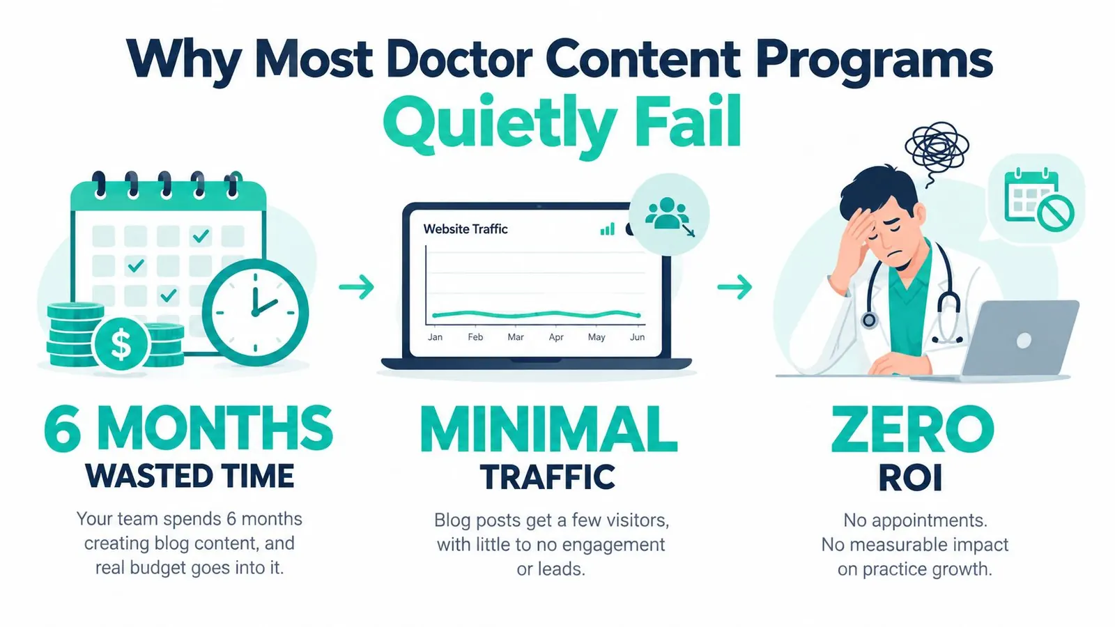 An infographic illustrating why doctor content marketing programs fail due to wasted time, minimal website traffic, and zero ROI.