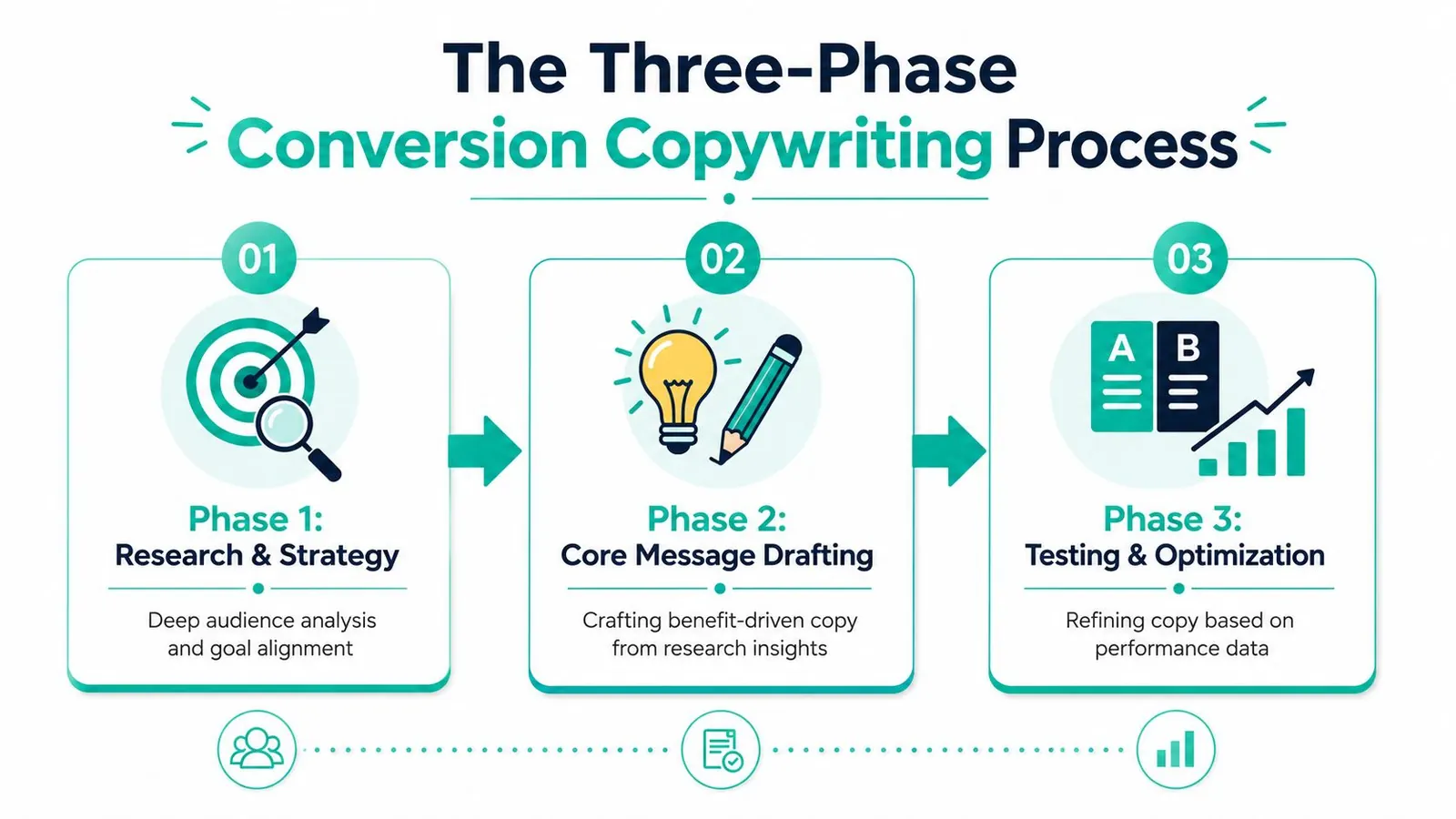 A diagram illustrating the three phases of conversion copywriting: Research and Strategy, Core Message Drafting, and Testing and Optimization.