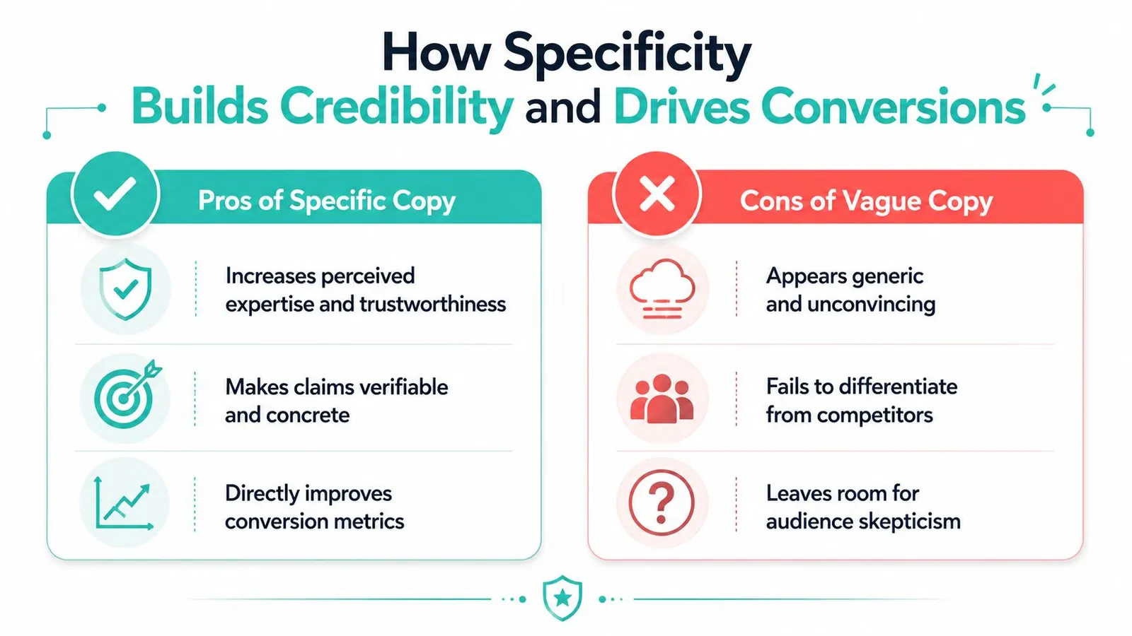 An infographic comparing the benefits of specific copy versus the disadvantages of vague copy for business.
