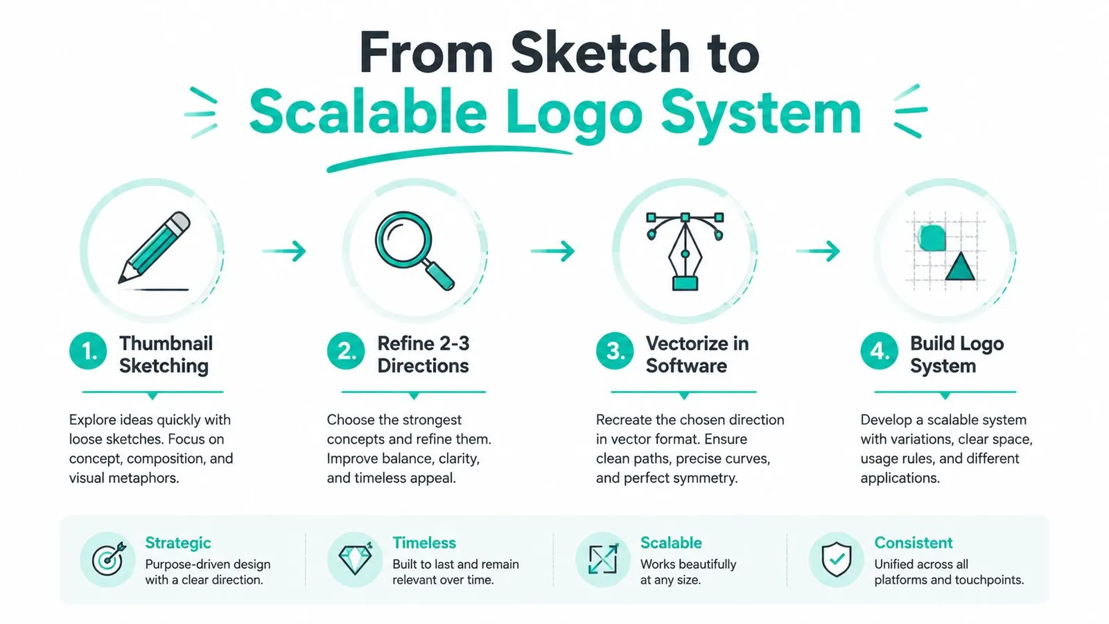 An infographic illustrating the four-step process for creating a professional and scalable logo design system.