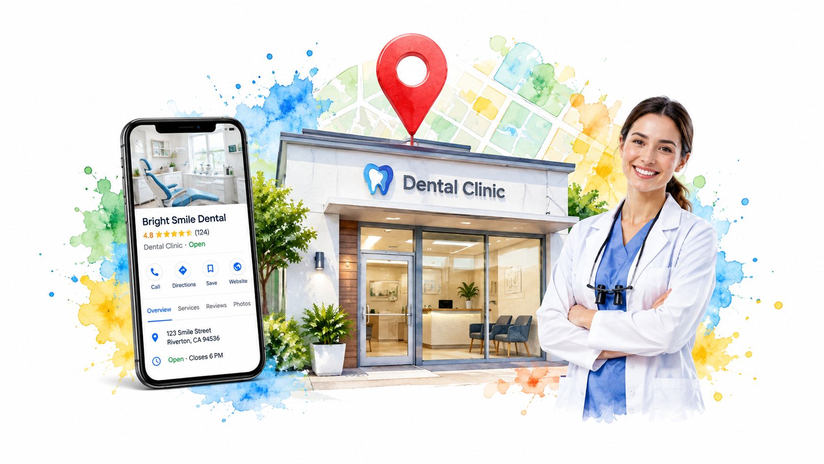 A friendly dentist standing in front of a modern dental clinic visualized on a smartphone and map.