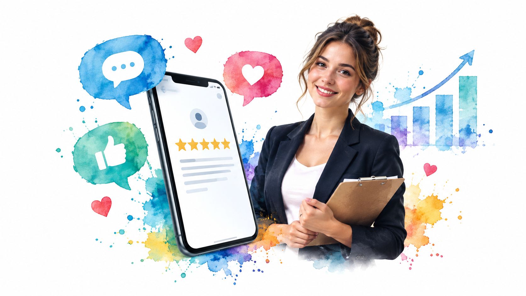 A professional woman holding a clipboard next to a giant smartphone displaying five star customer reviews.