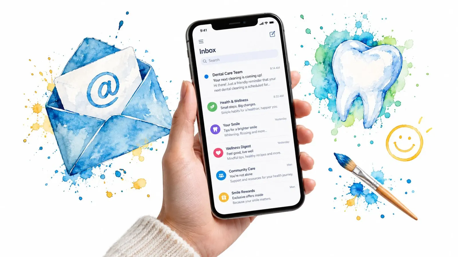 A hand holding a smartphone displaying an inbox with dental-related email notifications and watercolor illustrations.