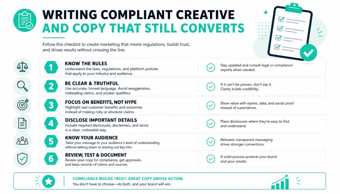 An infographic checklist for writing compliant and high-converting marketing copy while following industry regulations and rules.
