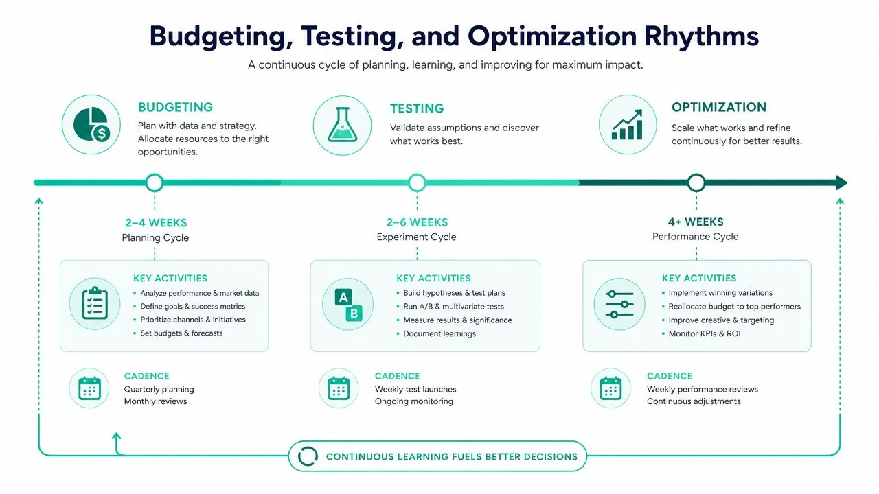 A diagram illustrating a continuous cycle of budgeting, testing, and optimization for business performance management.