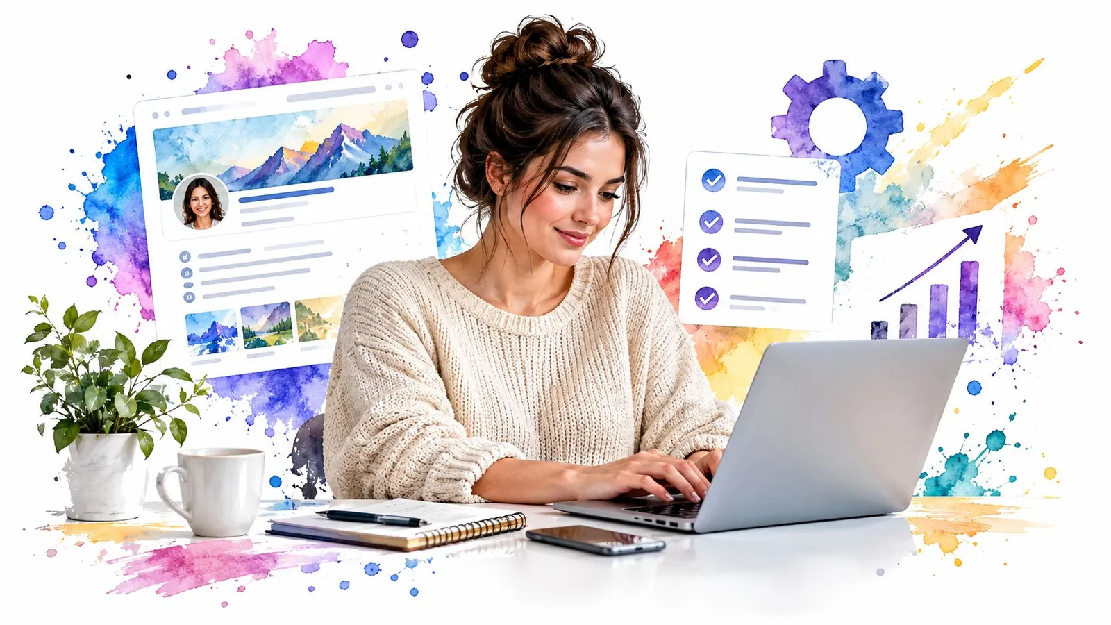 A woman working on a laptop surrounded by digital marketing icons including social media and analytics charts.
