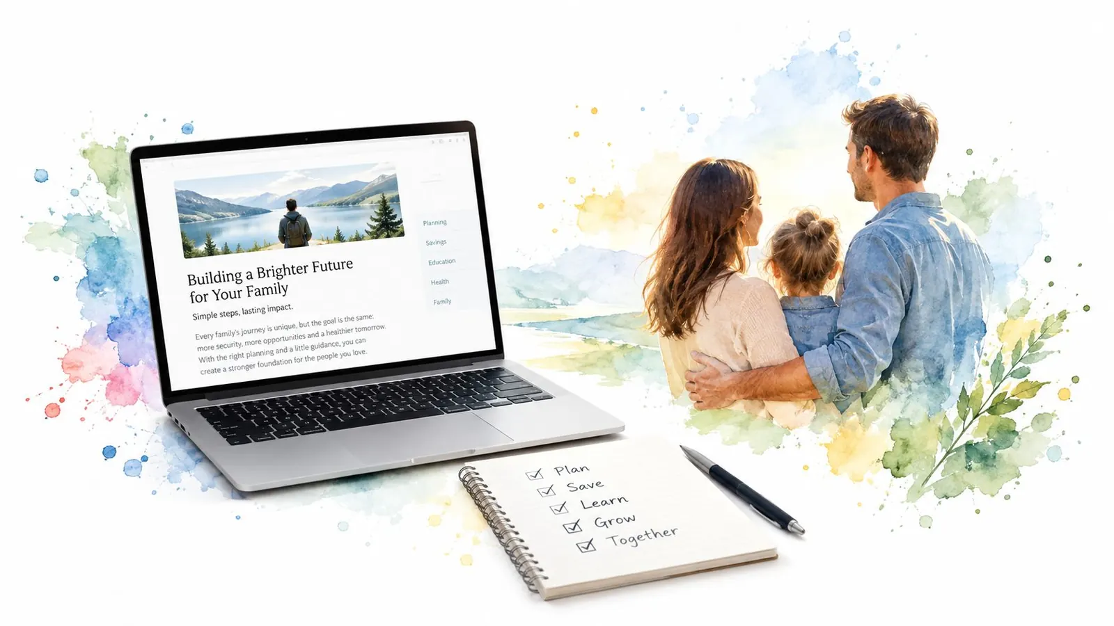 A laptop, notebook, and pen beside a watercolor image of a happy family looking at mountains.