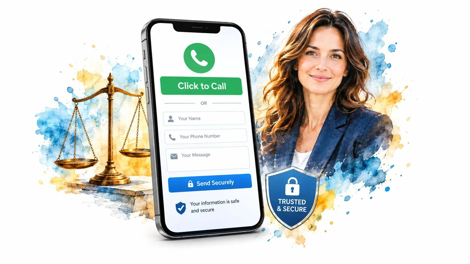 A professional digital marketing graphic for a law firm featuring a smartphone contact form and legal scales.