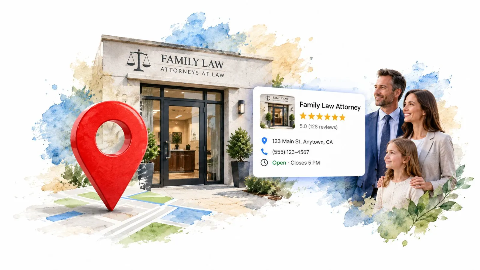 A family standing outside a law firm office building with a digital location card overlaying the scene.