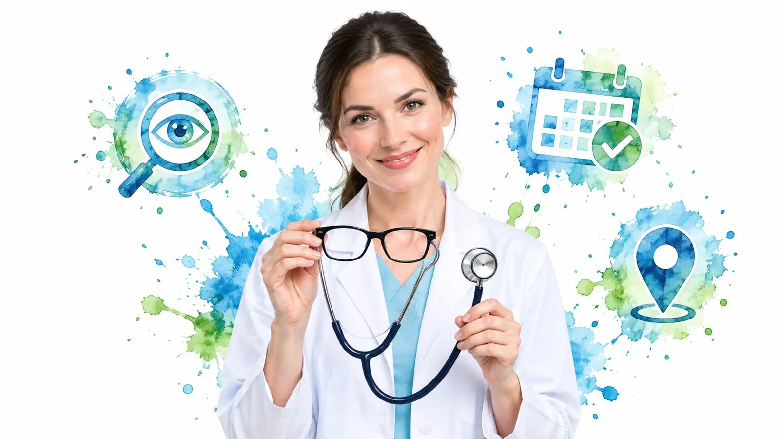 A friendly female optometrist holding glasses and a stethoscope with digital medical icons and watercolor background elements.