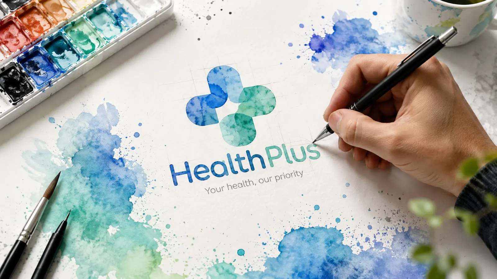 A hand drawing a watercolor healthcare logo design with a paintbrush and paint palette on white paper.
