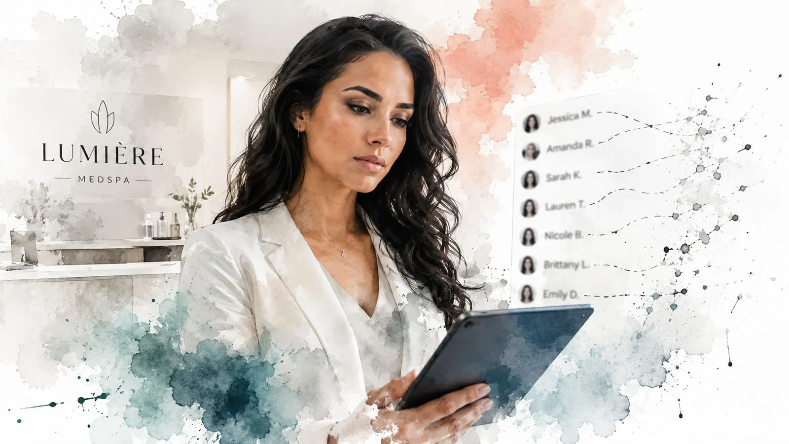 A professional woman in a medical spa holding a tablet with a list of client referrals displayed.
