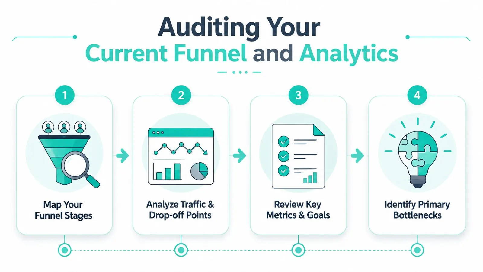 A four-step infographic illustrating the process of auditing a marketing funnel and analyzing user drop-off points.