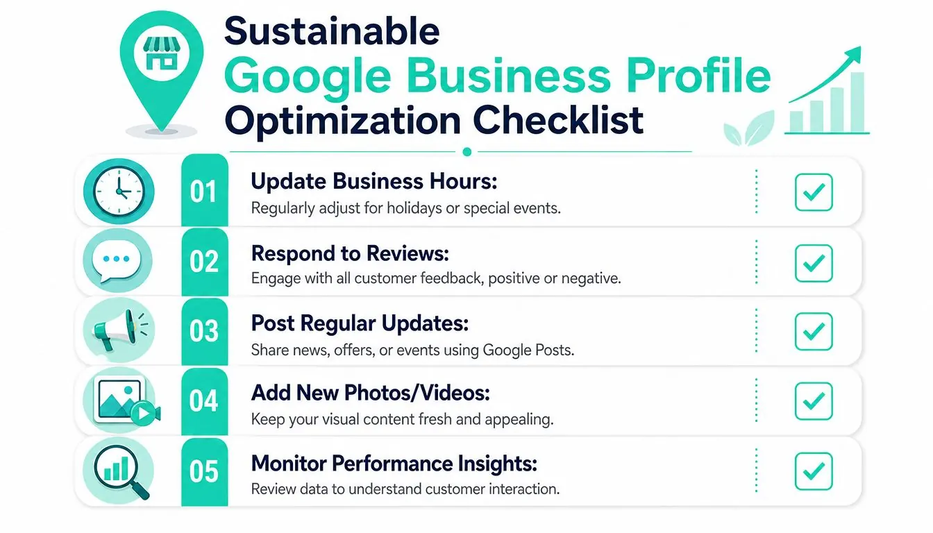 A checklist infographic titled Sustainable Google Business Profile Optimization showing five key steps for local business management.