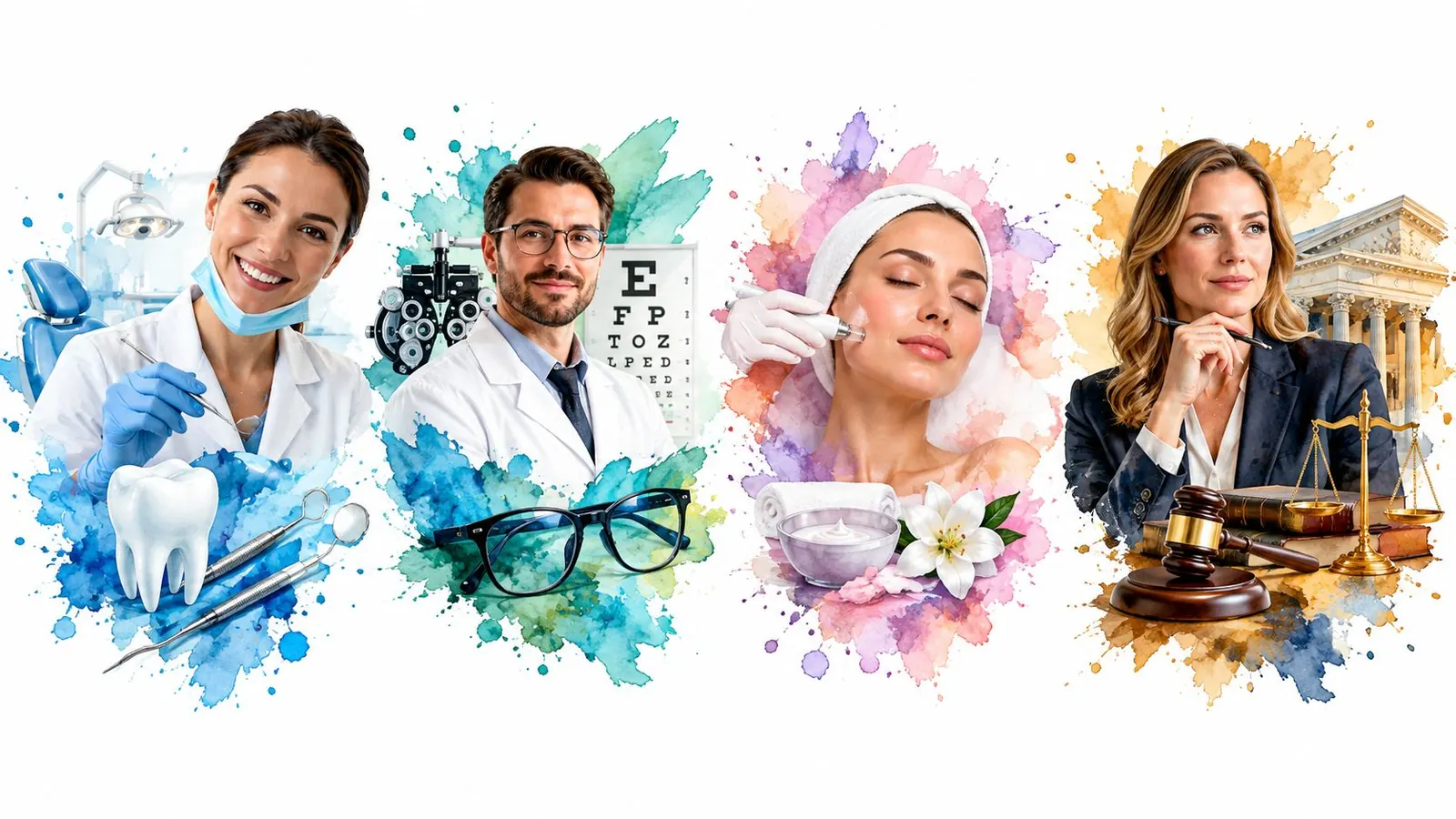 A digital composite image displaying four professional career paths: dentistry, optometry, aesthetics, and legal services.