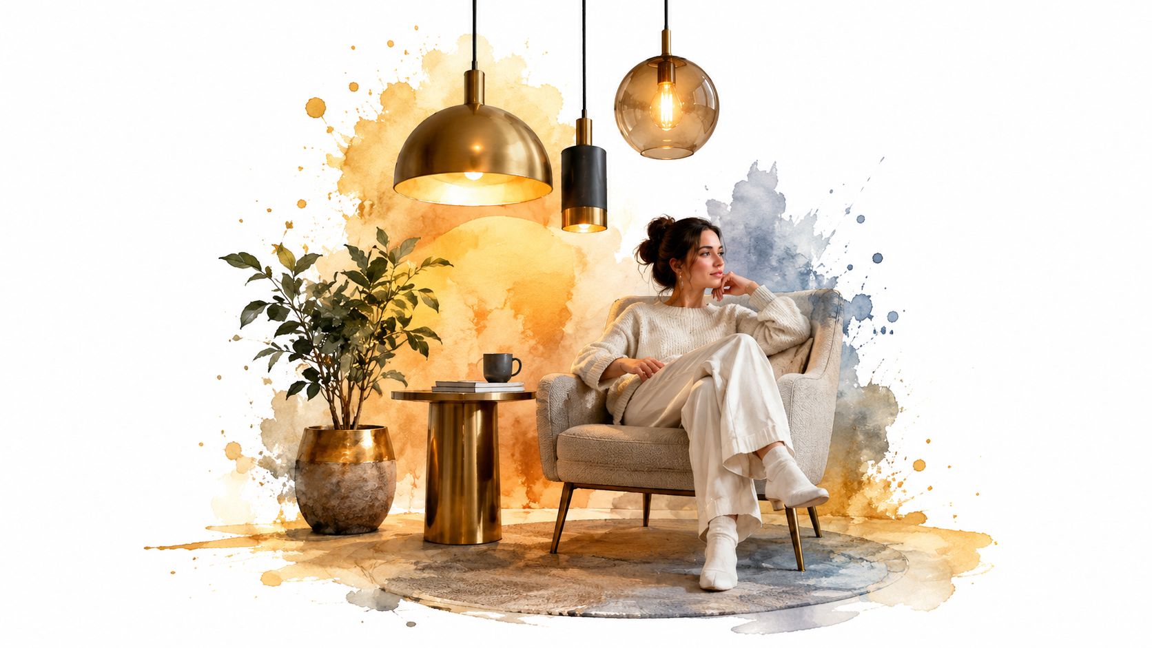 A stylish woman relaxing in a cozy armchair amidst a creative watercolor-style interior design setting.