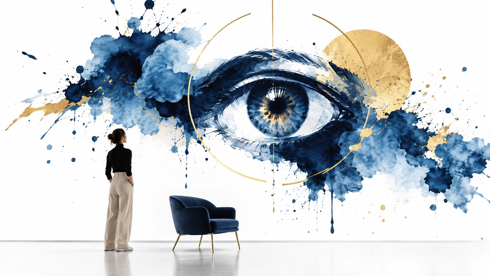 A woman stands in a modern room admiring a large watercolor mural of a human eye.