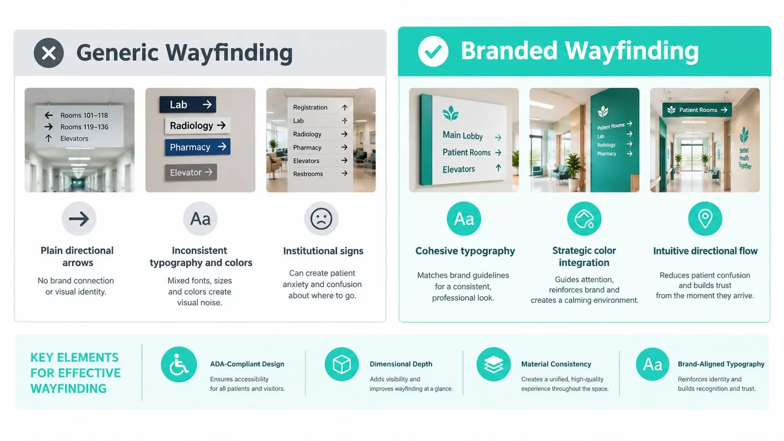 A comparative infographic showing generic medical wayfinding signage versus branded and cohesive healthcare interior branding design examples.