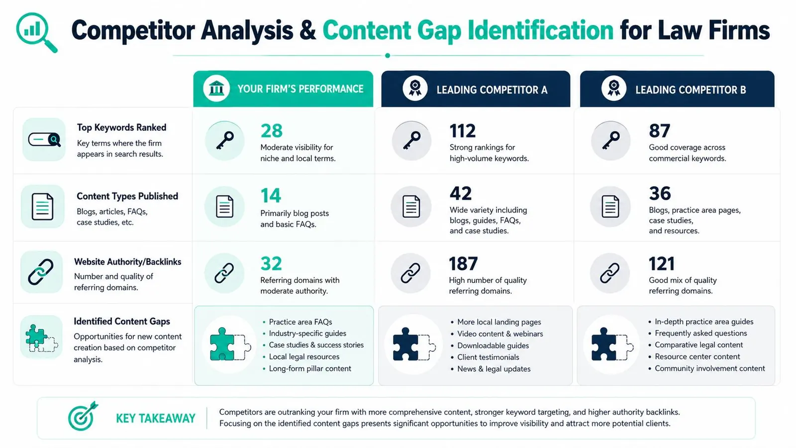 A comparison chart showing performance metrics and content gap analysis for a law firm versus its main competitors.