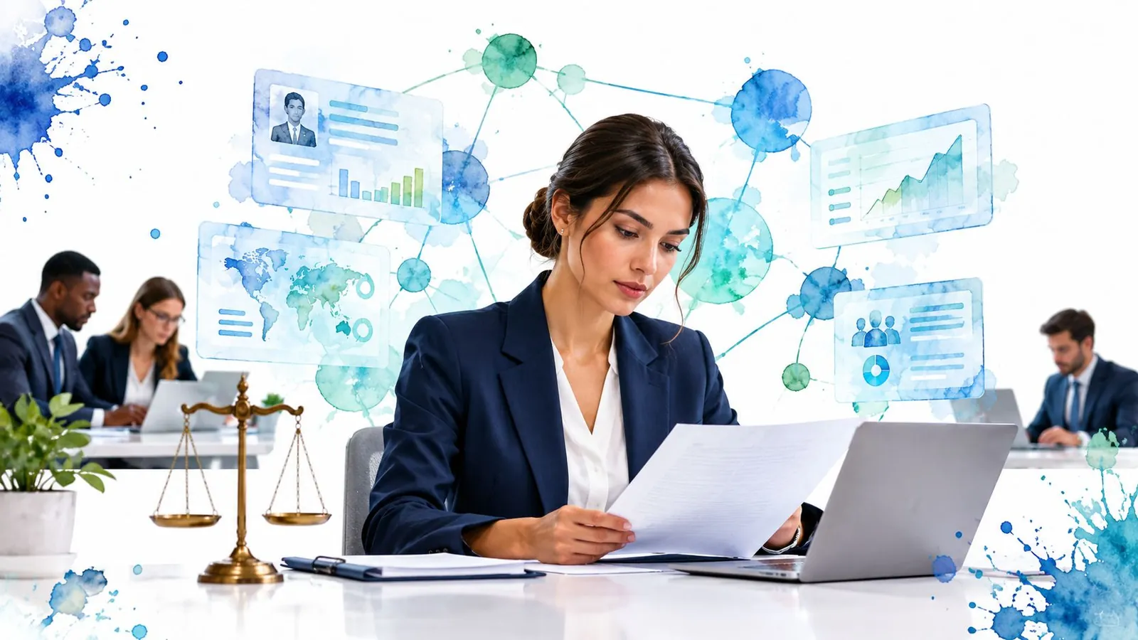 A professional woman at a law firm reviewing documents with digital data analytics projected in the background.