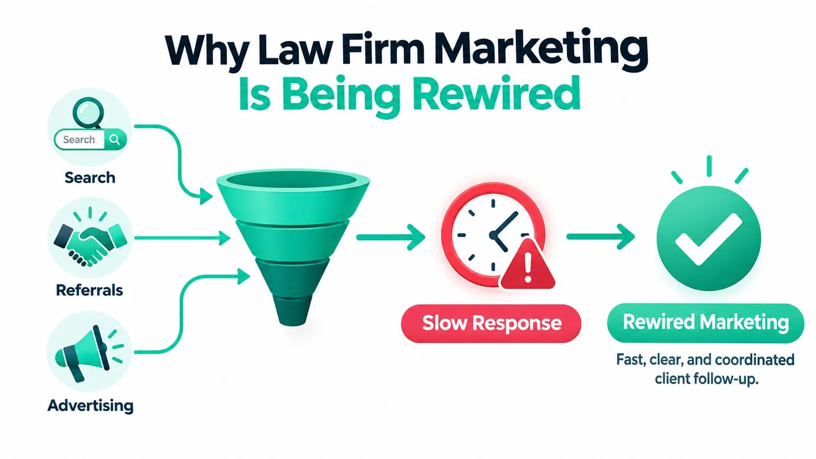 A diagram illustrating how modern law firm marketing shifts from traditional slow responses to fast coordinated follow-ups.