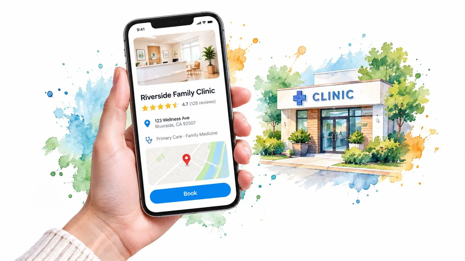 A hand holds a smartphone displaying a medical clinic booking app with a nearby clinic building illustration.