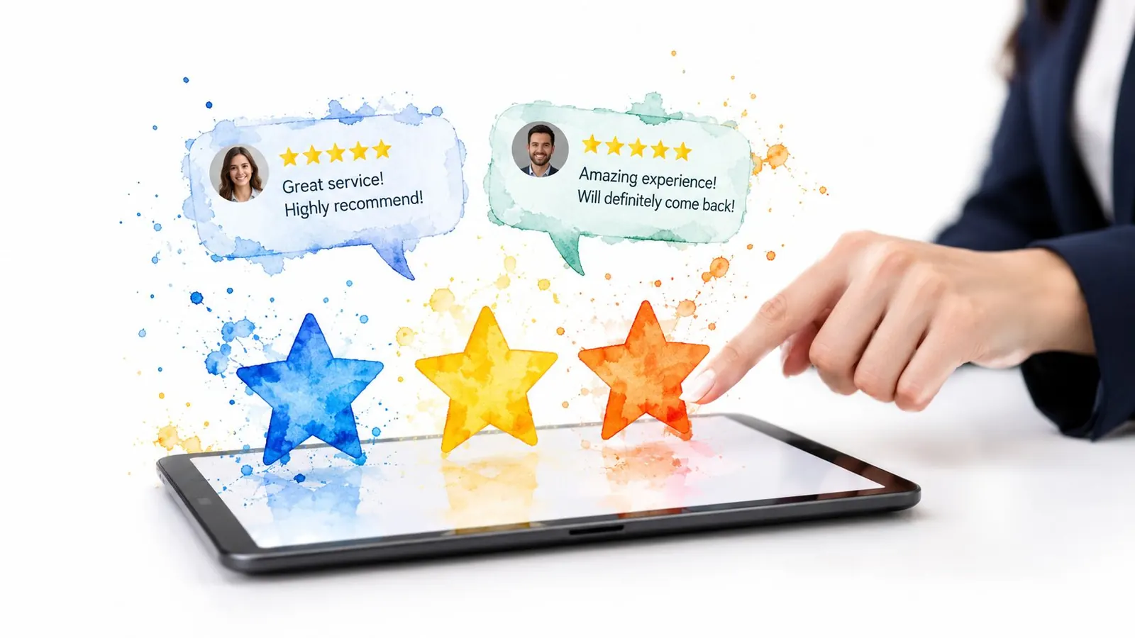 A person using a tablet to provide a five star online review for a medical office.