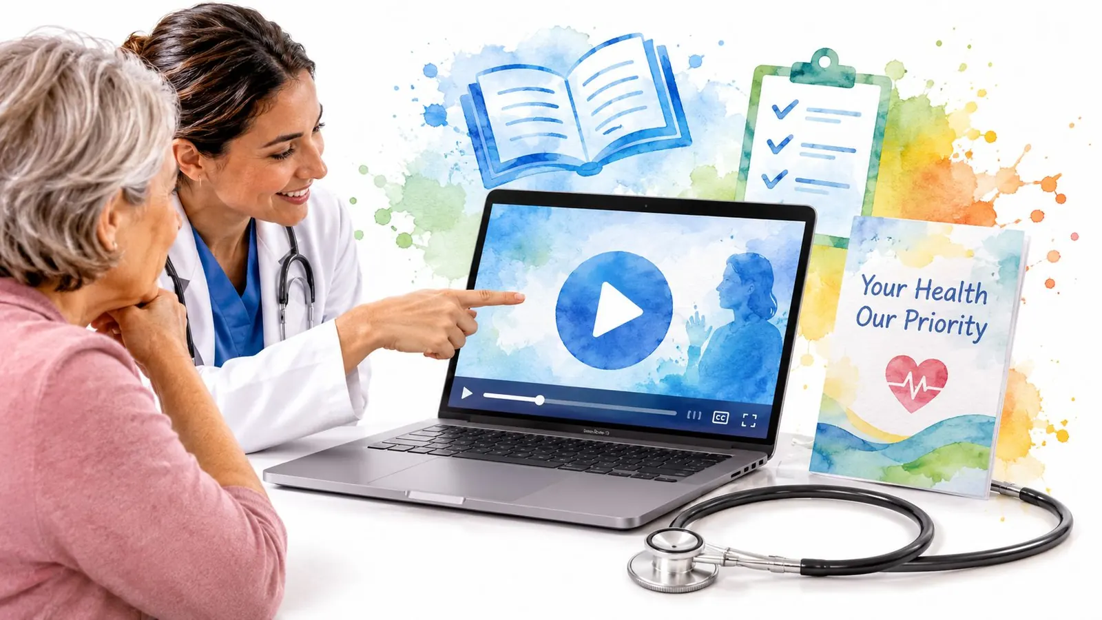 A friendly female doctor explains medical information to an elderly patient using a video on a laptop.