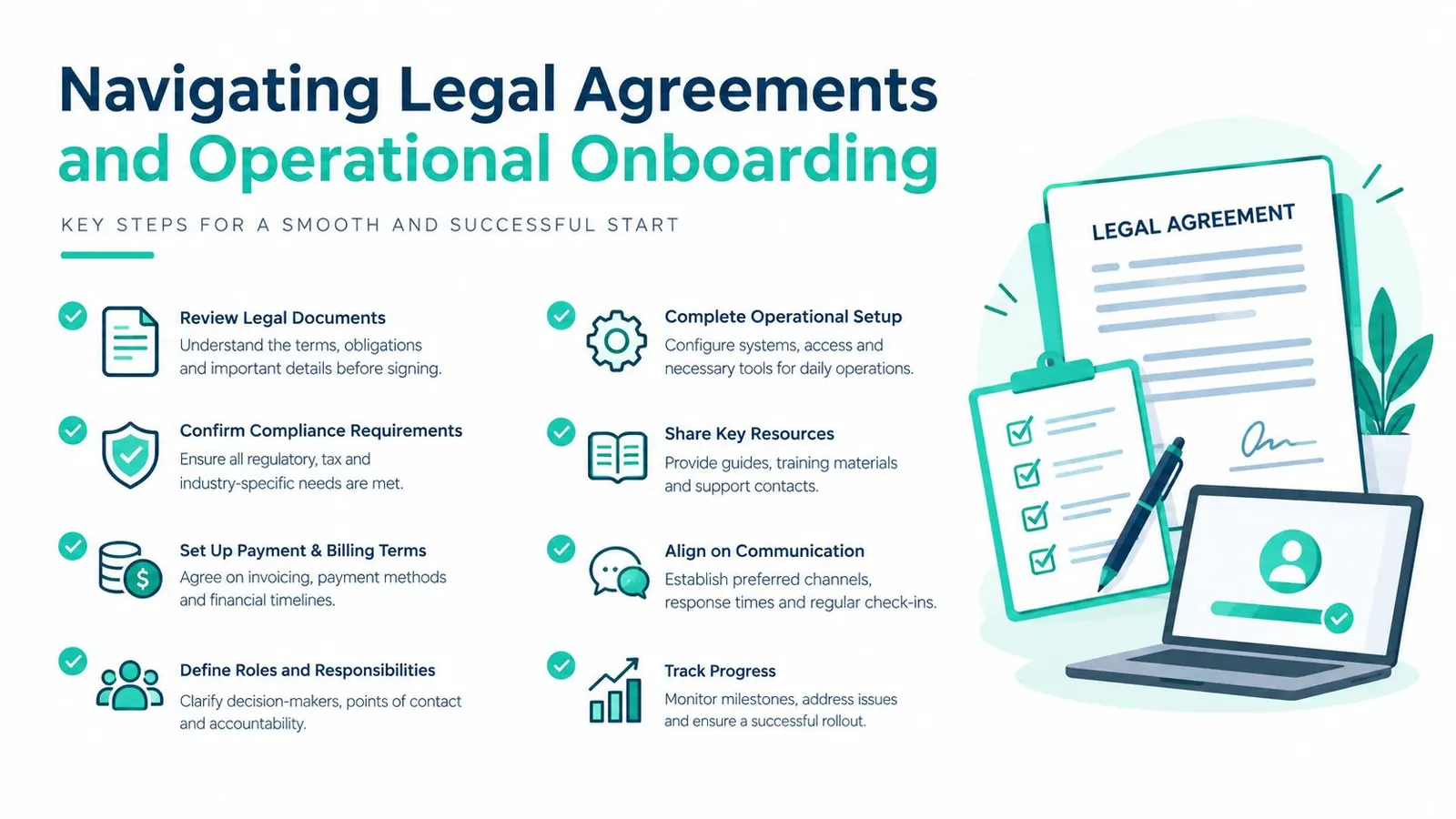 A professional infographic outlining eight essential steps for successfully navigating legal agreements and operational onboarding processes.