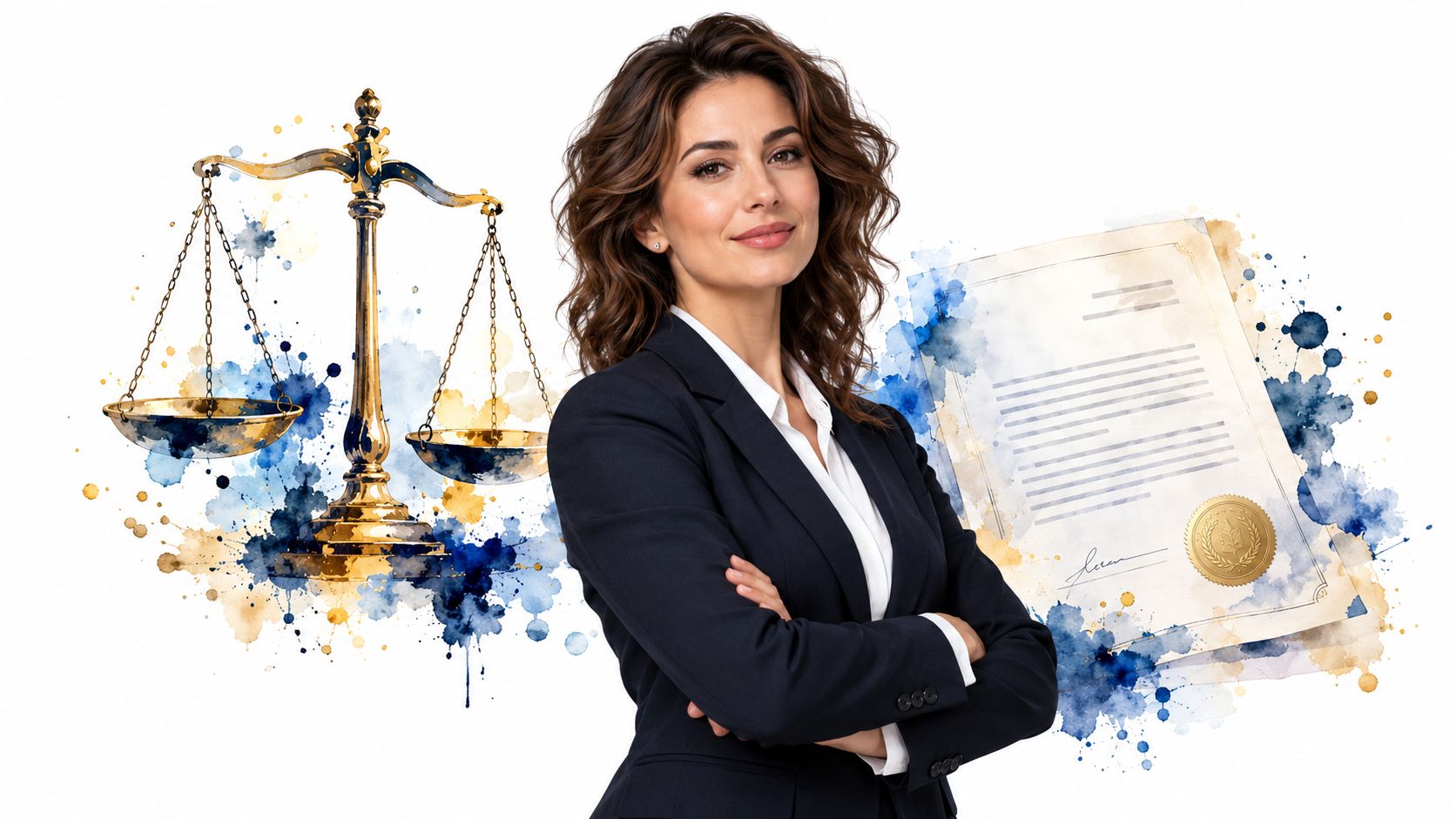 A professional woman in a suit standing next to legal scales and a signed certificate with watercolors.