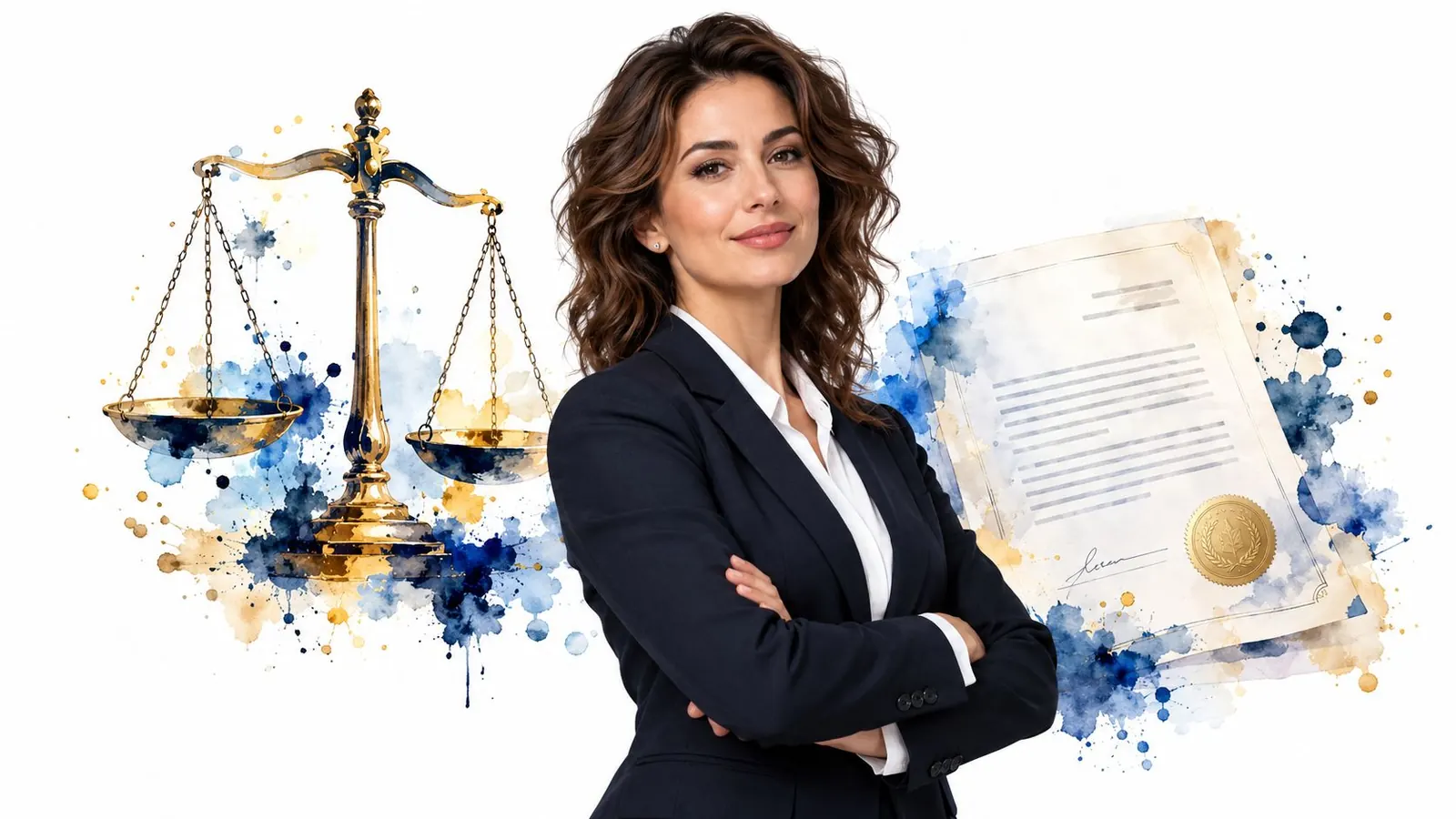 A professional woman in a suit standing next to legal scales and a signed certificate with watercolors.