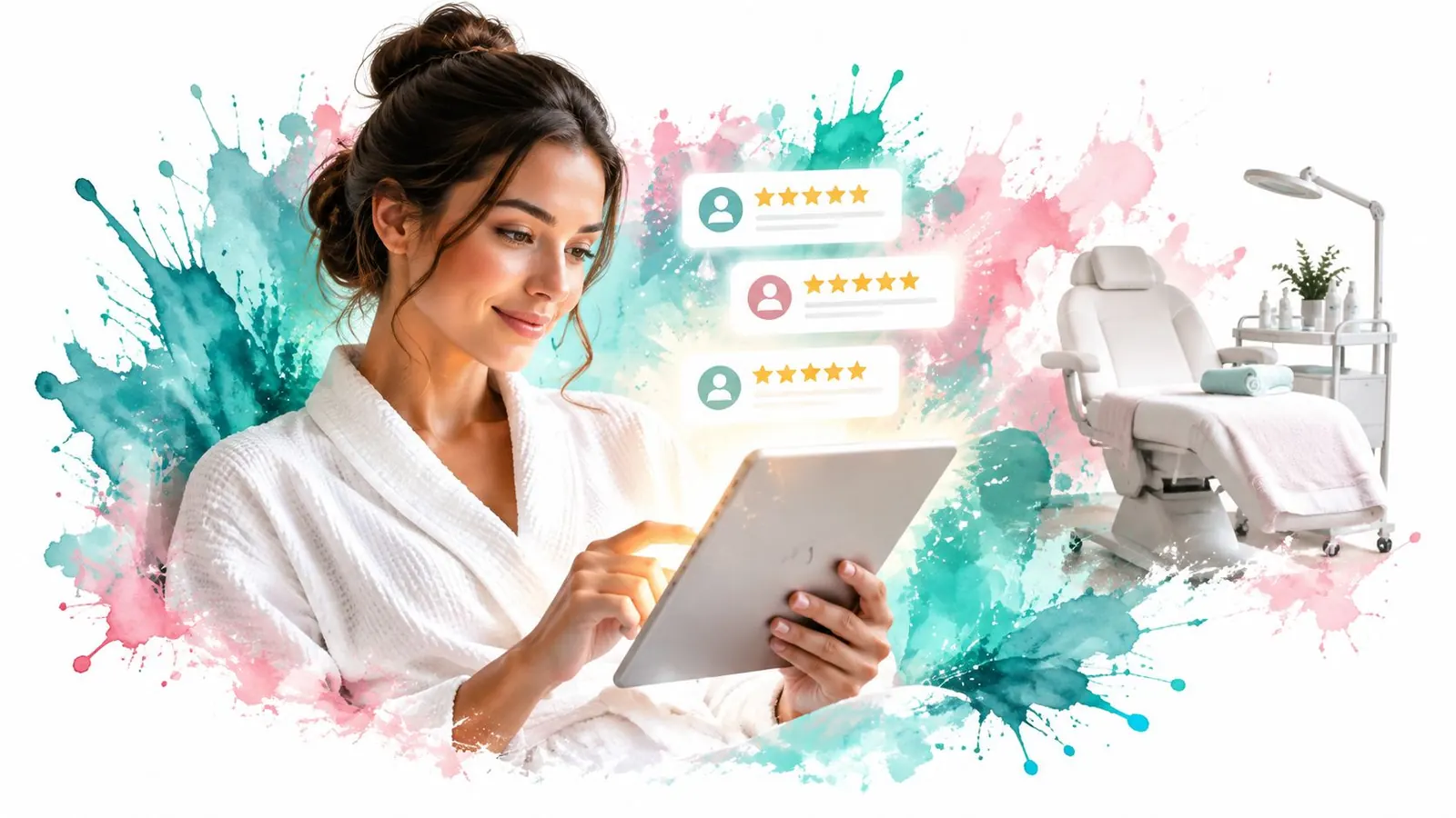 A woman in a white bathrobe using a tablet to view five-star spa business reviews online.