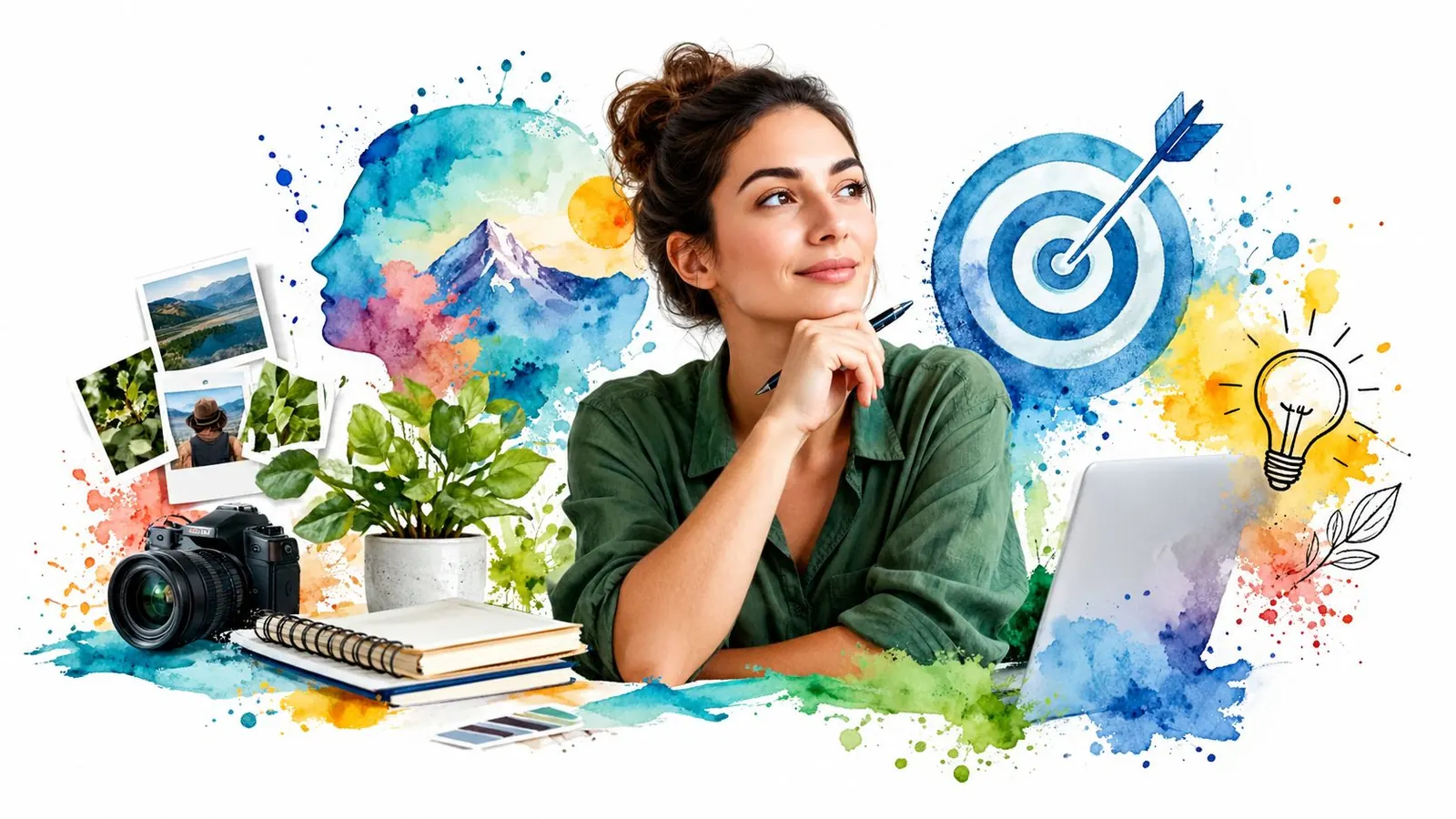 A creative professional woman sits at a desk with photography and design elements, visualizing her business goals.