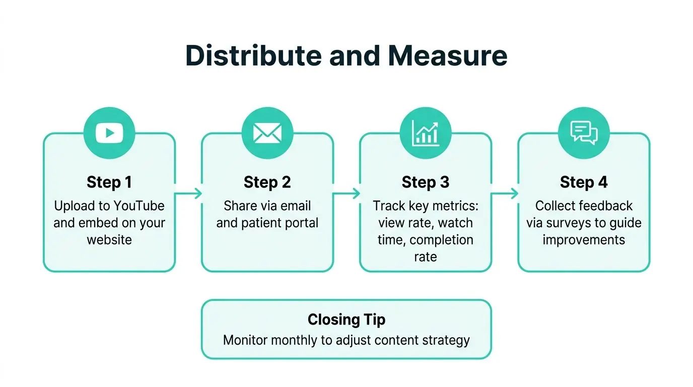 A flowchart showing four steps to distribute and measure patient education videos for better engagement.