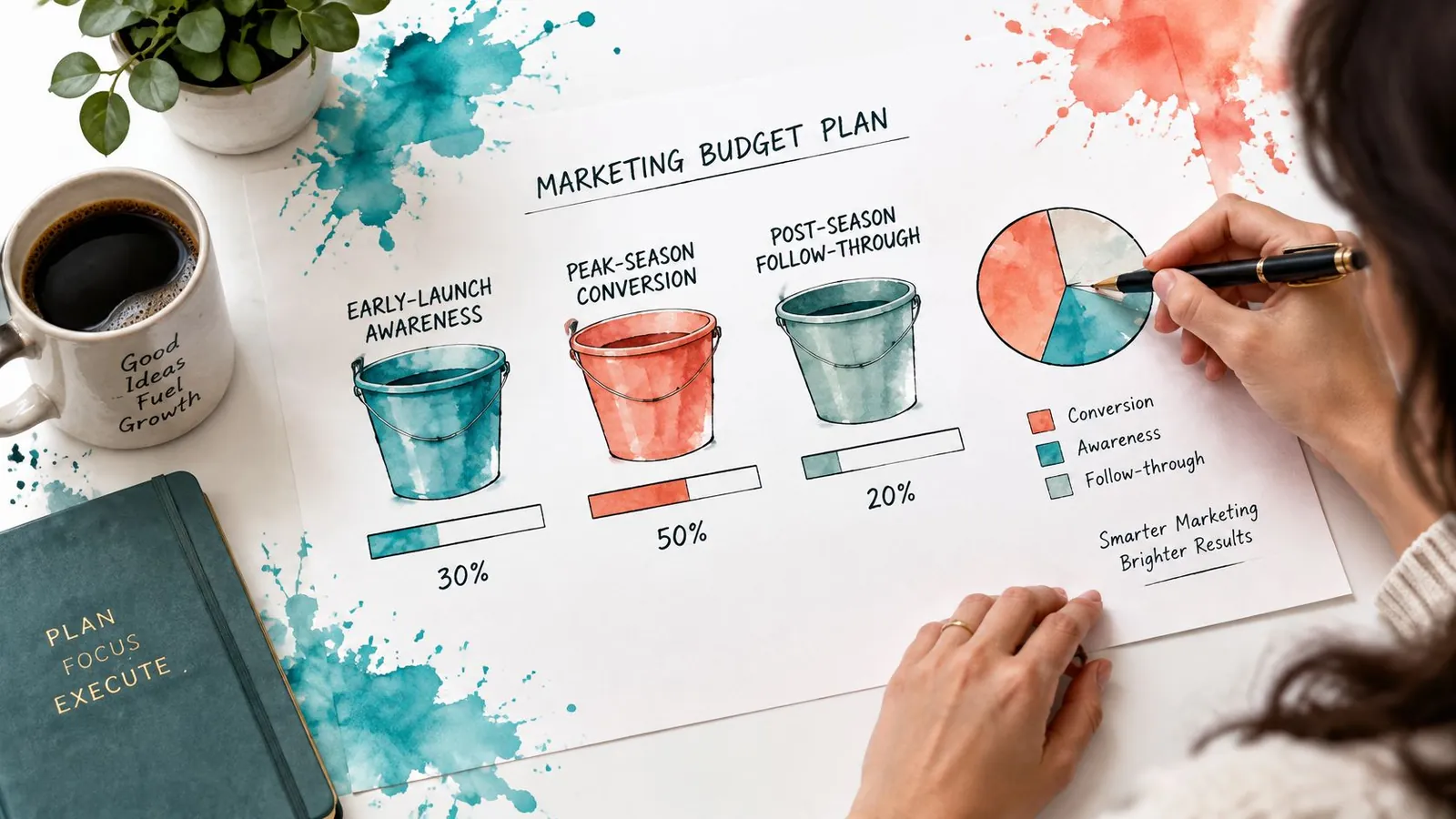 A person writing a marketing budget plan with diagrams of buckets and a pie chart on paper.
