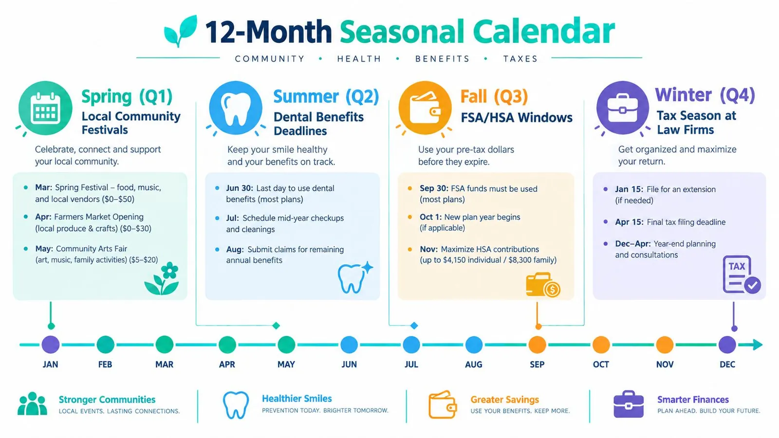 A 12-month seasonal calendar infographic illustrating community events, dental health deadlines, benefits planning, and tax season milestones.