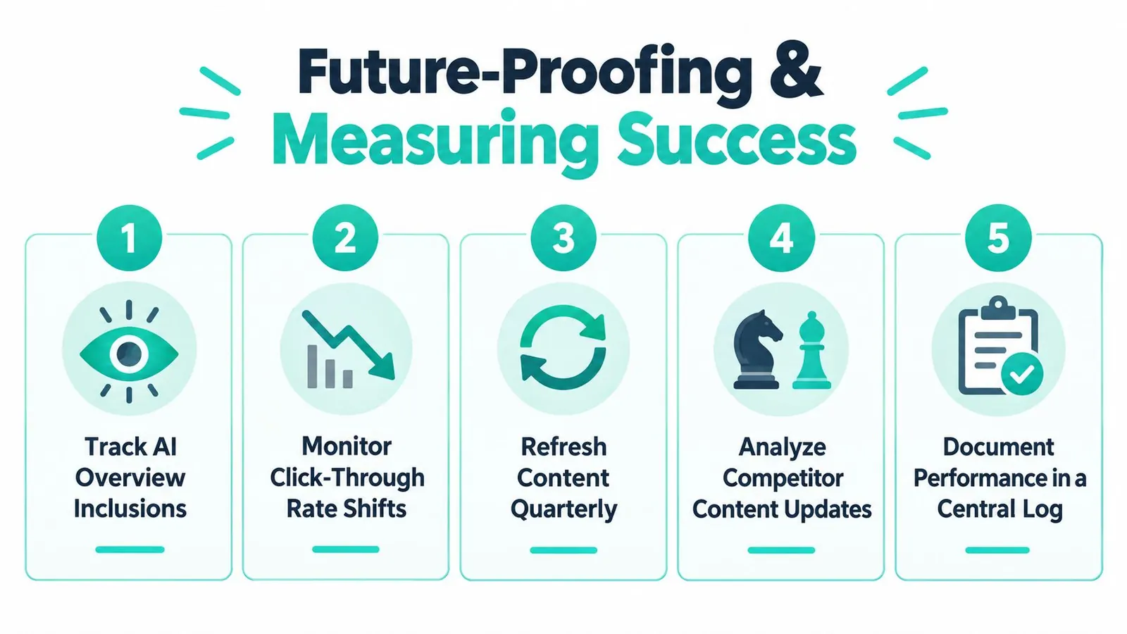 A five-step guide for future-proofing and measuring success in SEO copywriting, featuring numbered icons and actionable tasks.