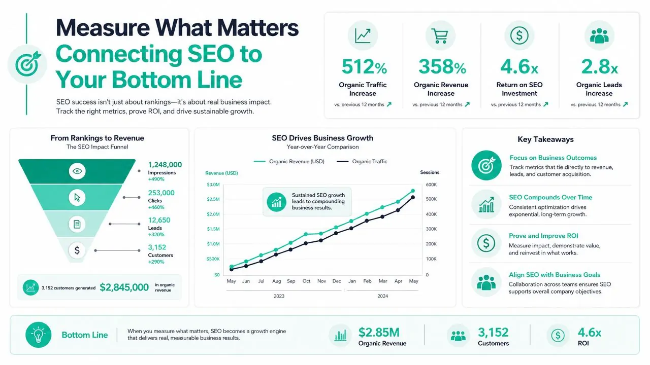 An infographic showing how SEO drives business growth, featuring statistics on traffic, revenue, leads, and customer acquisition.